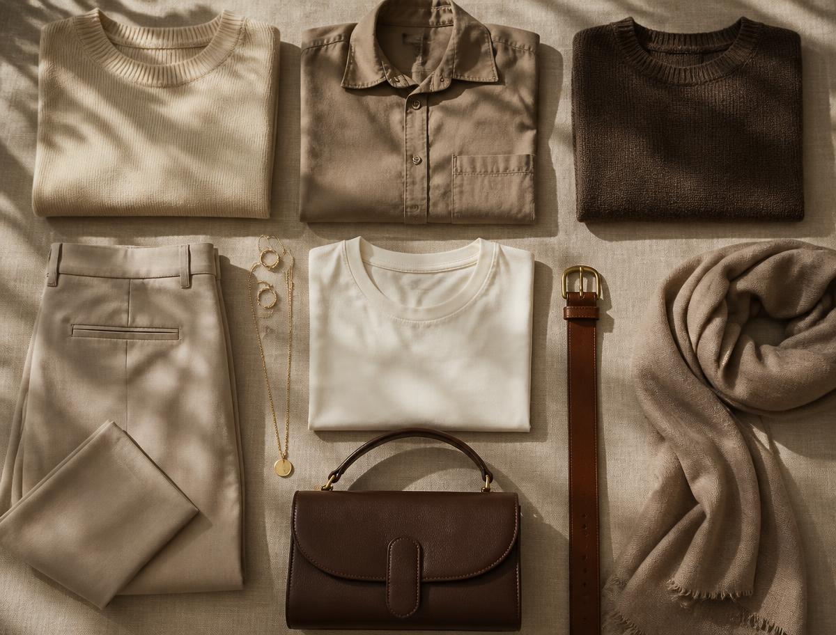 Guarda-roupa cápsula em tons neutros organizado sobre linho